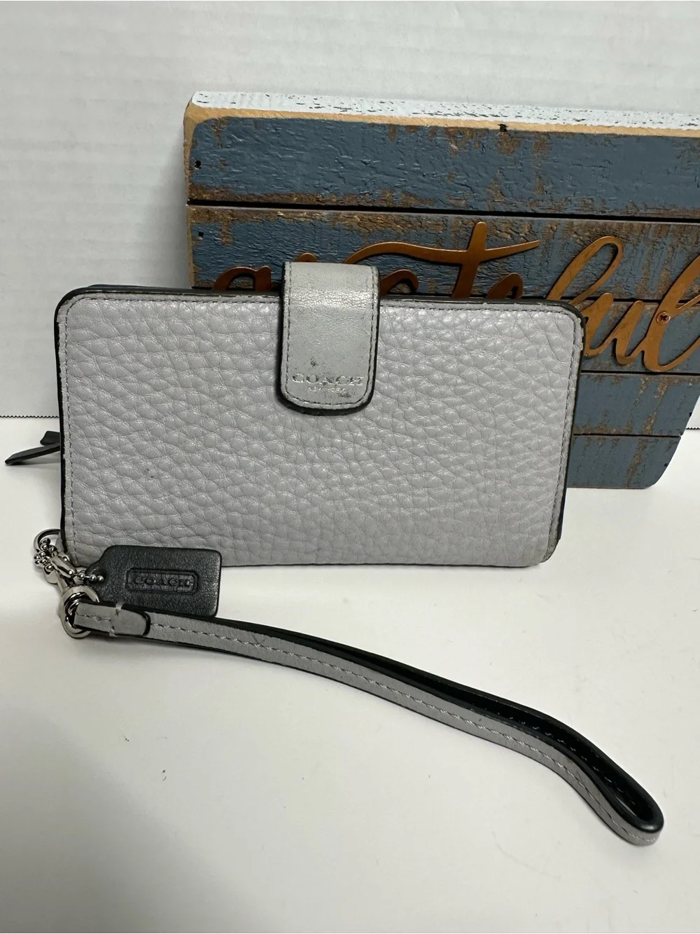 Coach Silver Pebbled Leather Wristlet Case with Strap